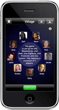 A screenshot of a Werewolf game, with nine tiny avatars on the setup screen.