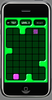 A screenshot of a green grid with a purple block.