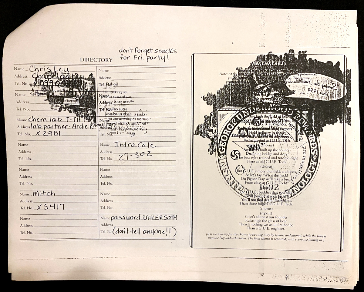 Two pages photocopied from the Lurking Horror manual. A dark stain is visible on both pages. It's slightly transparent, and text from the other side is bleeding through.