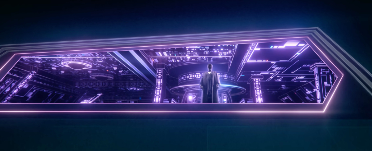 A long shot of Flynn gazing out through a window in a purple-tinted digital world.