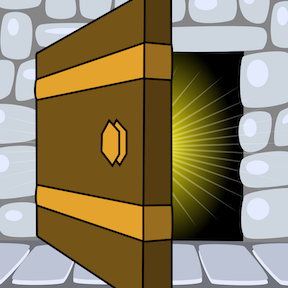 A stylized dungeon door, swinging open. Golden light shines from beyond.