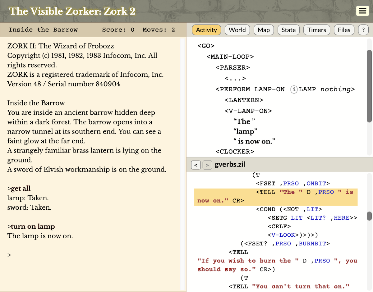 A screenshot titled "The Visible Zorker 2". The left side of the window shows the opening of Zork 2, up to the command TURN ON LAMP. The right side shows a list of ZIL function calls and the message "The lamp is now on."