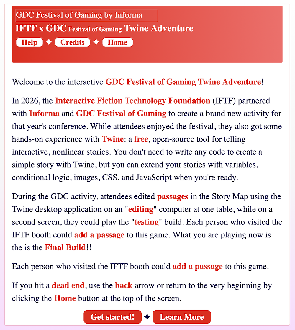 A web page with a red-and-white theme. It begins "Welcome to the interactive GDC Festival of Gaming Twine Adventure!"