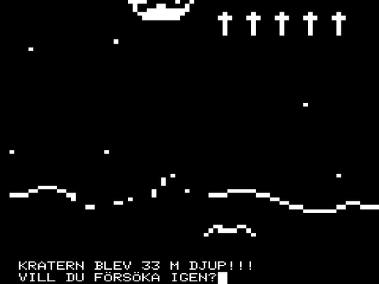 The game-over screen for the ABC 80 moon landing game, after a failed landing. It shows a low-resolution lunar landscape. Next to the earth is a row of crosses. A text at the bottom informs the player that the resulting crater was 33 meters deep.