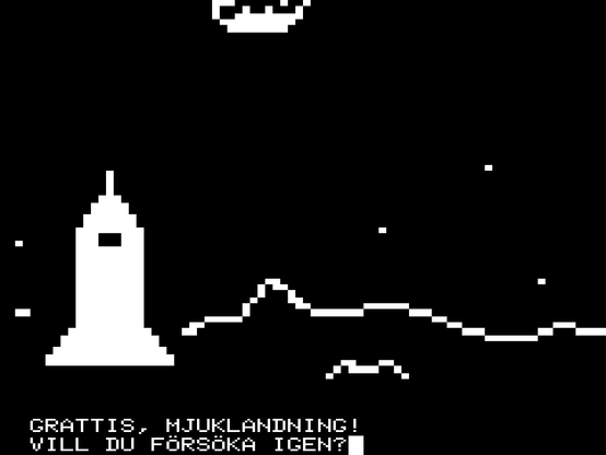 The game over screen for the ABC 80 moon landing game after a good landing. It shows a low-resolution lunar landscape with a rocket ship parked on the left side of the screen. A text at the bottom exclaims, "GRATTIS, MJUKLANDNING!" which translates to "CONGRATULATIONS! A SOFT LANDING!"