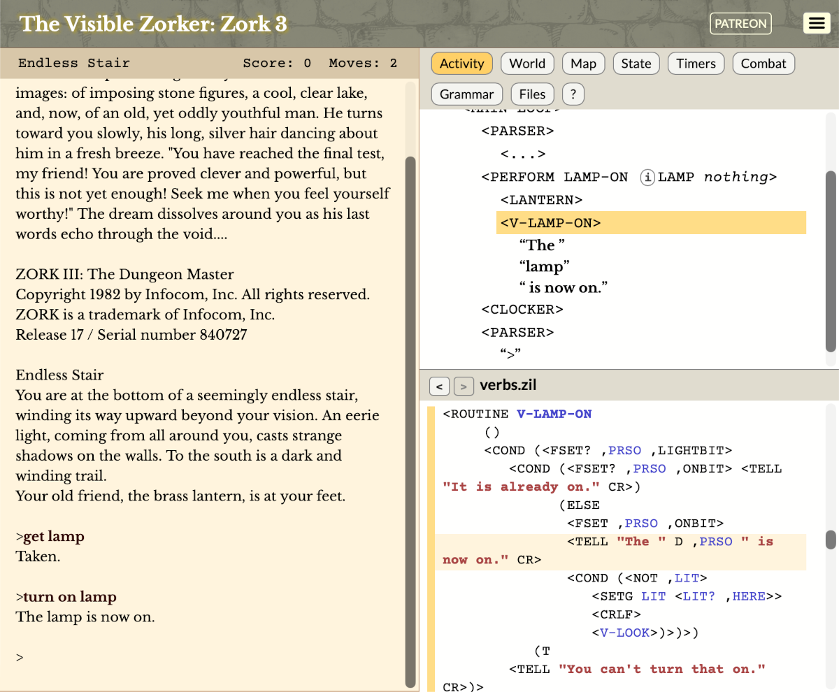 A screenshot titled "The Visible Zorker: Zork 3". The left side of the window shows the opening of Zork 3, up to the command TURN ON LAMP. The right side shows a list of ZIL function calls and the message "The lamp is now on."