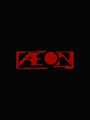 The cover of "Aeon". It's an unadorned black cover with the word AEON in stylized red letters.