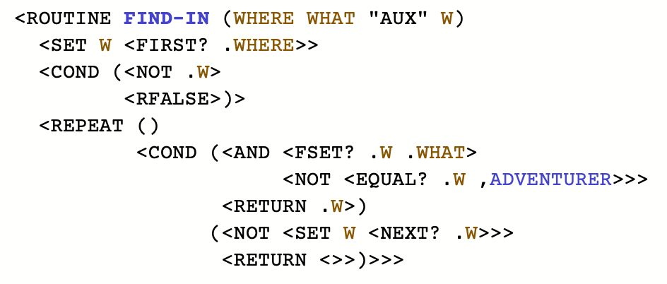 The ZIL source for the FIND-IN routine in Zork 1.